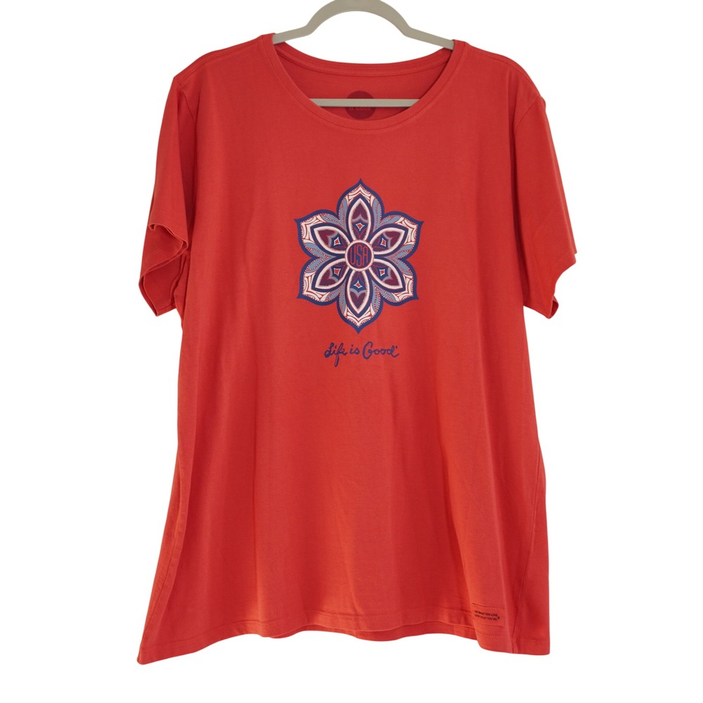 Life is Good Women's XL Crusher Tee Coral Red USA Mandala Flower Graphic Shirt